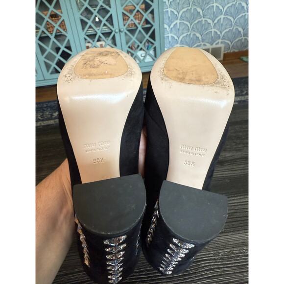MIU MIU Suede XL Rhinestone Heeled Platforms Sz. 38.5 - Picture 3 of 10